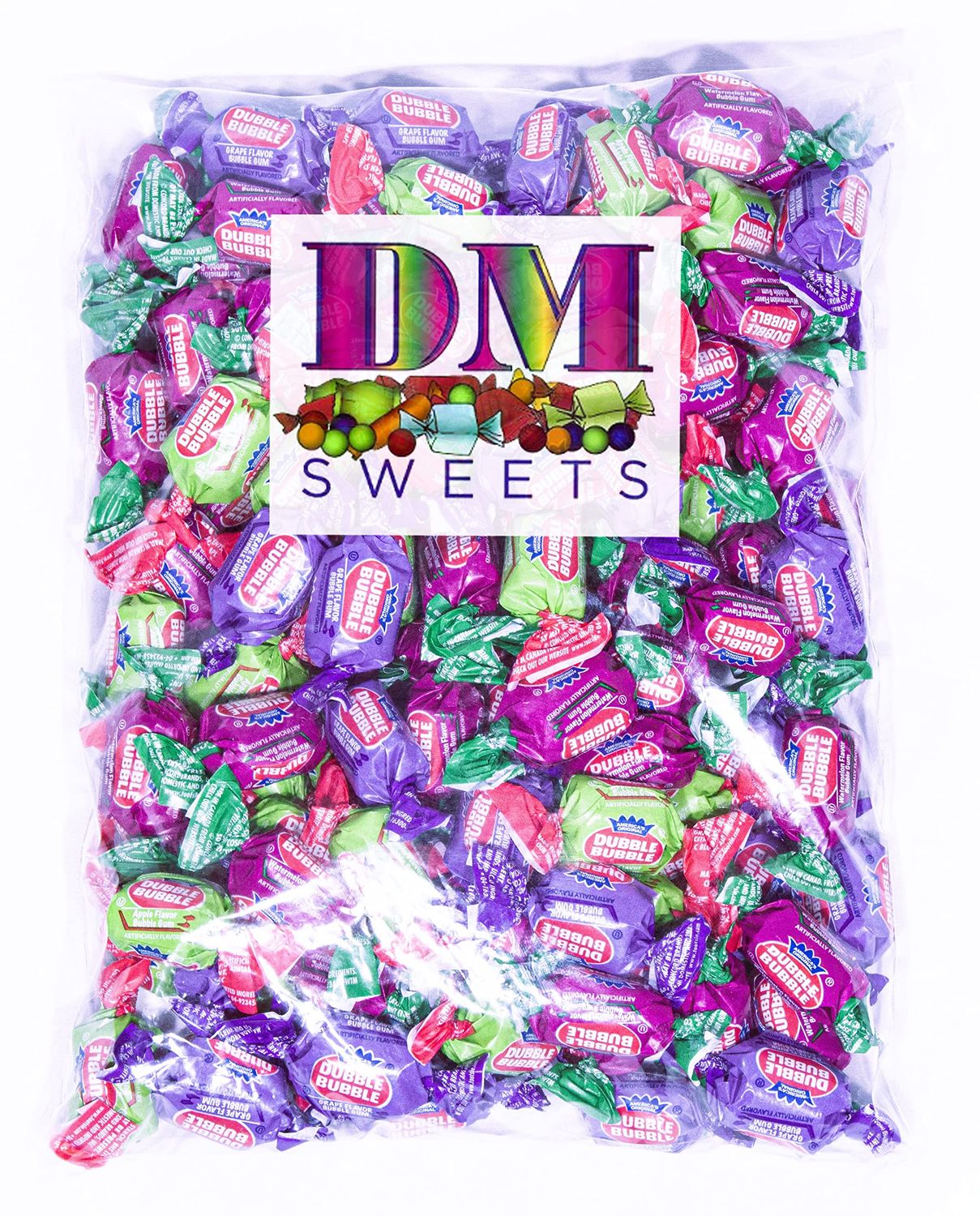 3 Flavor Gum - 2 lbs of Assorted Apple Watermelon Grape Individually Wrapped Fresh Bubble Gum