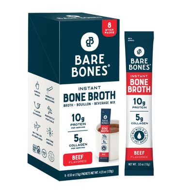 Bare Bones Beef Bone Broth Instant Powdered Mix | Rich Savory Packets on-the-Go No Artificial Flavors | 100% Grass Fed Keto &amp; Paleo Friendly | 10g Protein | 8 Pack