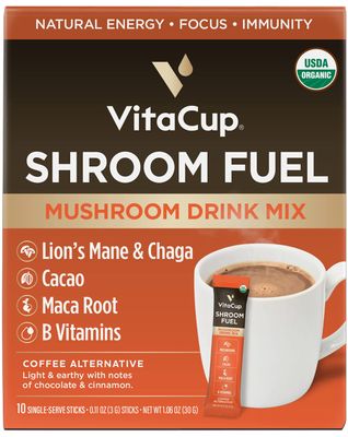 VitaCup Shroom Fuel, Mushroom Based Instant Coffee Alternative Packets, Mushroom Coffee Substitute w/Cacao, Cinnamon, Chaga, Lions Mane, &amp; Maca for Energy, Immune Support, &amp; Focus, 10 ct