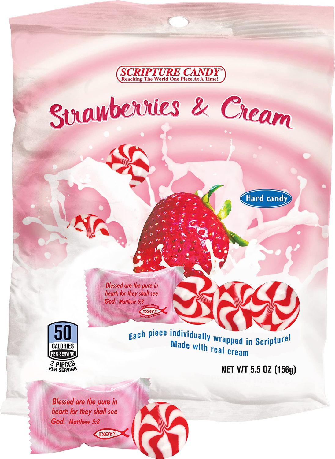 Scripture Candy, Strawberry &amp; Cream Hard Candy 5.5 Ounce Bag, 25 Pieces