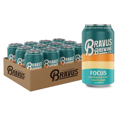 Bravus Focus Functional Sparkling Water 12-Pack - Brewed with Adaptogens, Nootropics, and Hops - Hints of Lemon and Ginger, 100% Organic, Vegan, Gluten-Free