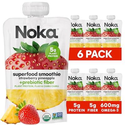 Noka Superfood Fruit Smoothie Pouches, Strawberry Pineapple, Healthy Snacks with Flax Seed, Prebiotic Fiber and Plant Protein, Vegan and Gluten Free, Organic Squeeze Pouch, 4.22 oz, 6 Count
