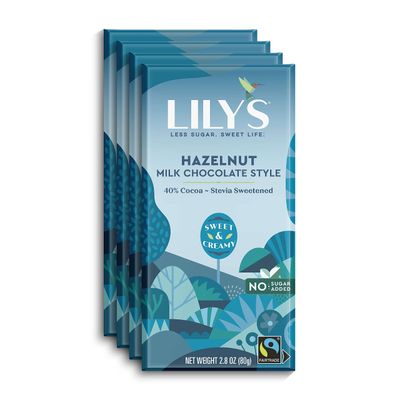 LILY&#39;S Hazelnut Milk Chocolate Style No Sugar Added, Sweets Bars, 2.8 oz 4 Count (Pack of 1)