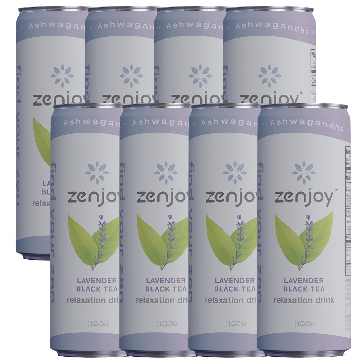 Zenjoy Lavender Black Tea Relaxation Drink 8 Pack - Calming Drink with Ashwagandha &amp; Lemon Balm - Non-Alcoholic Beverage Infused with L-Theanine for Enhanced Focus - 12oz Cans