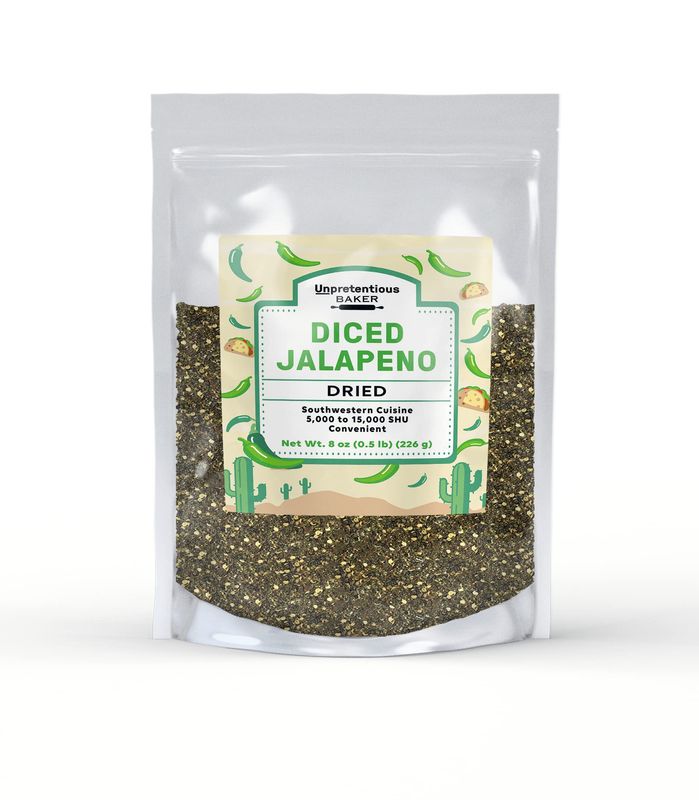 Unpretentious Dried Diced Jalapeno, 8 oz, Mild to Medium Heat, 5,000 to 15,000 SHU, Southwestern Cuisine