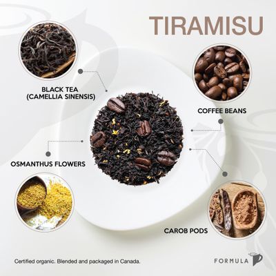 Tiramisu Tea by Tea Formula - Black Tea, Carob Pods, Coffee Beans, Osmanthus Flowers | 20 Organic Pyramid Teabags | Organic Tea Blend | Dessert Tea | Vanilla, Cream, Coffee | Medium Caffeine