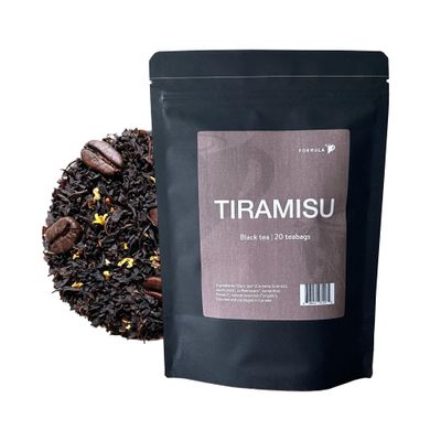 Tiramisu Tea by Tea Formula - Black Tea, Carob Pods, Coffee Beans, Osmanthus Flowers | 20 Organic Pyramid Teabags | Organic Tea Blend | Dessert Tea | Vanilla, Cream, Coffee | Medium Caffeine