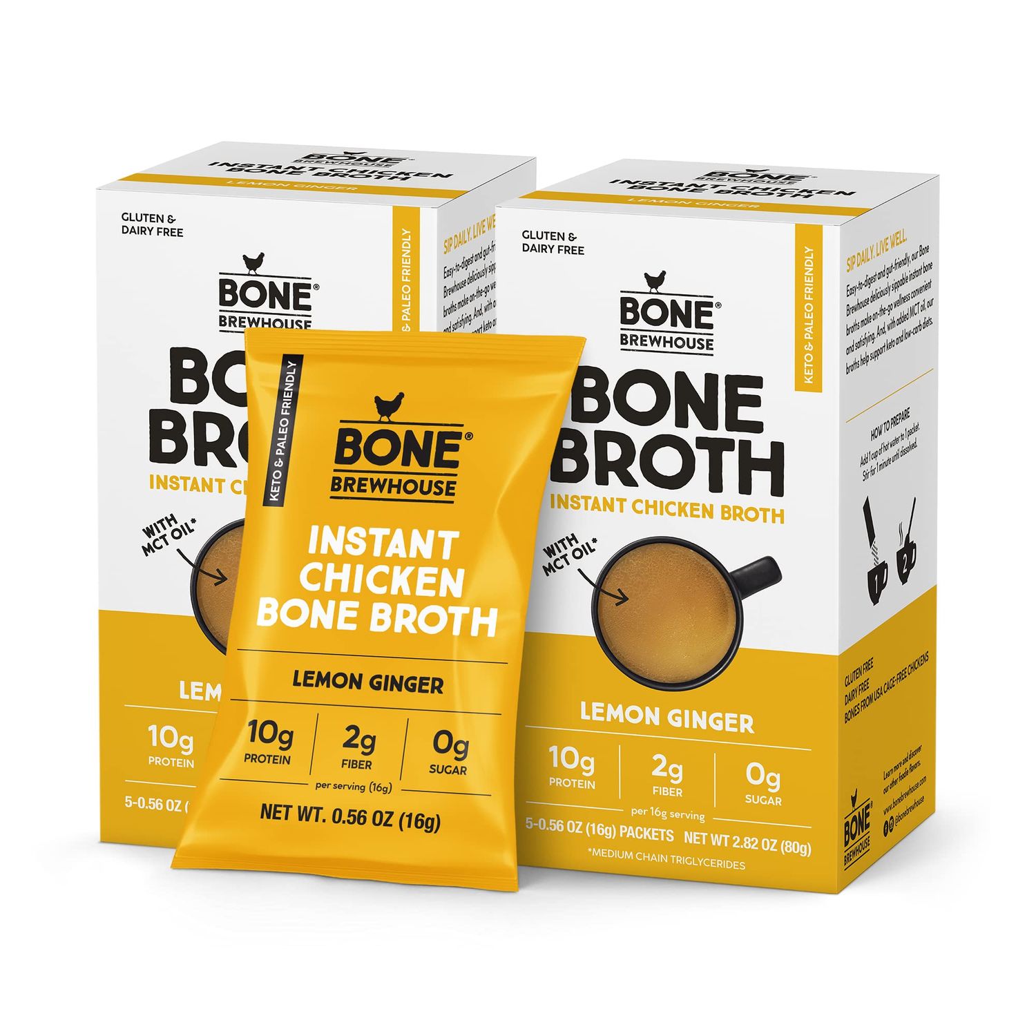 Bone Brewhouse - 2 Pack - Chicken Bone Broth Protein Powder - Lemon Ginger Flavor - Keto &amp; Paleo Friendly - Instant Soup Broth - 10g Protein - Natural Collagen &amp; Gluten-Free - 10 Individual Packets