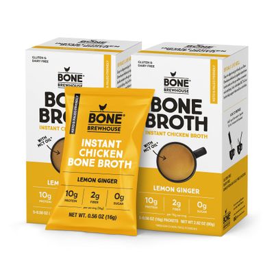 Bone Brewhouse - 2 Pack - Chicken Bone Broth Protein Powder - Lemon Ginger Flavor - Keto &amp; Paleo Friendly - Instant Soup Broth - 10g Protein - Natural Collagen &amp; Gluten-Free - 10 Individual Packets