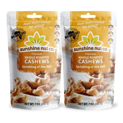Sunshine Nut Co. Whole Roasted Lightly Salted Cashews, Sprinkling of Salt Flavor, 2 Pack, 7 oz. Each, Gluten Free, Peanut Free and Vegan Individual Snack Packs for Kids and Adults, GMO Free