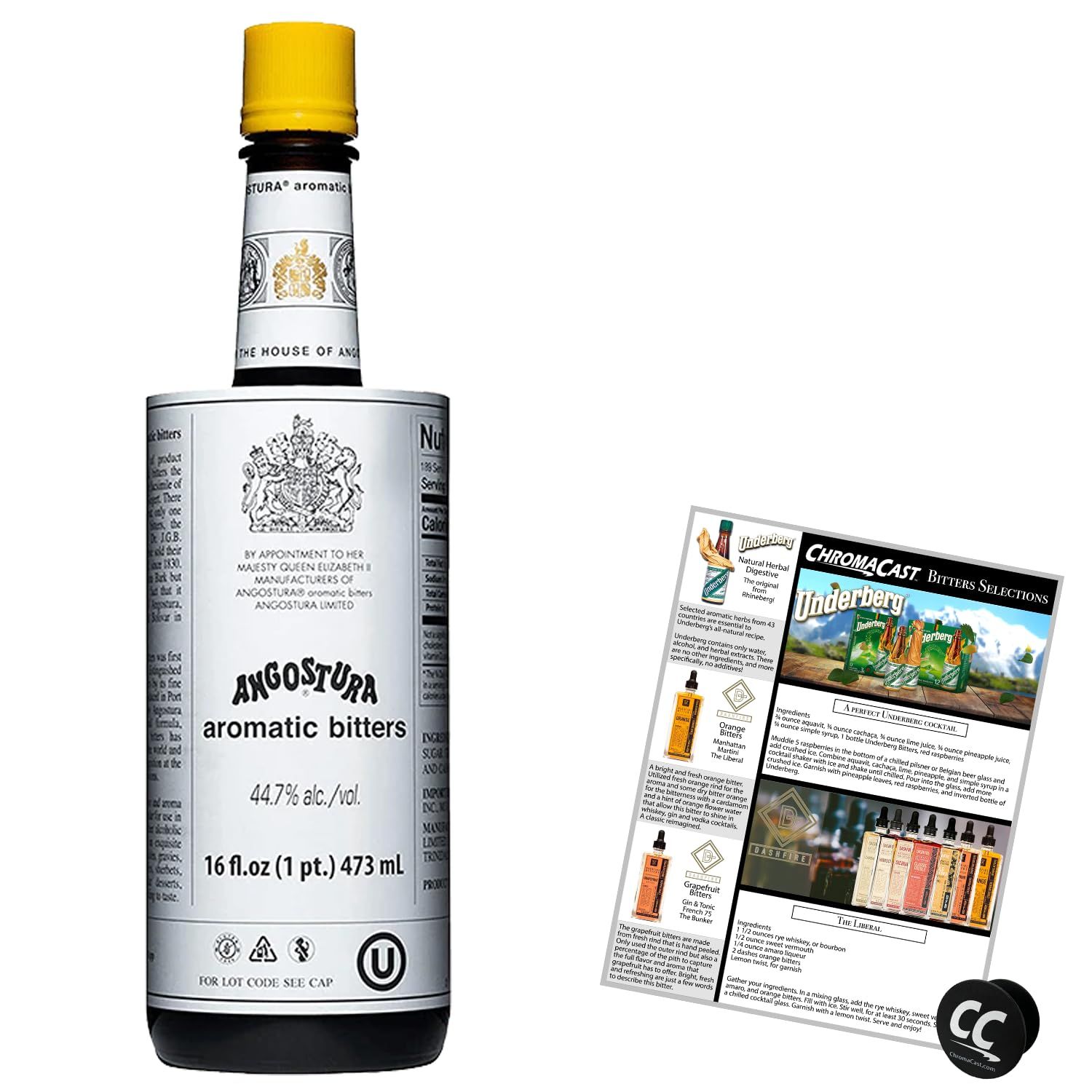 Angostura Aromatic Bitters 16oz Bottle with Phone Grip and Bitters Selections Recipe