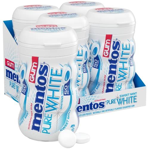 Mentos Pure White Sugar-Free Chewing Gum with Xylitol, Sweet Mint, Holiday Christmas Stocking Stuffers for Adults &amp; Kids, 50 Piece Bottle (Bulk Pack of 4)