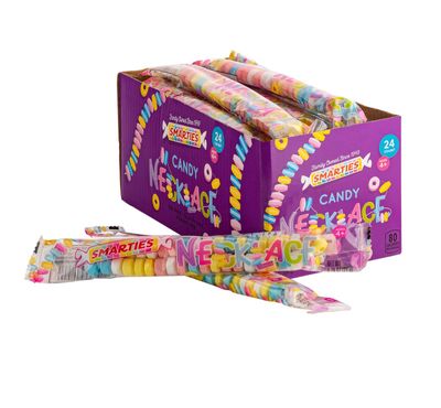 Smarties Candy Necklace Individually Wrapped Gluten Free &amp; Vegan Fruit Flavored Bulk Candy on Stretch String Perfect Party Favors Birthdays &amp; Halloween Celebrations Hard Candy Box - 24 Count