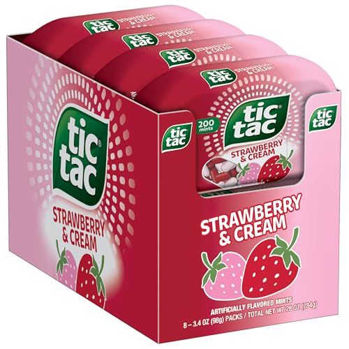 Tic Tac Strawberry &amp; Cream Flavored Mints, 8 Count, On-the-Go Refreshment, Stocking Stuffers, 3.4 oz Each