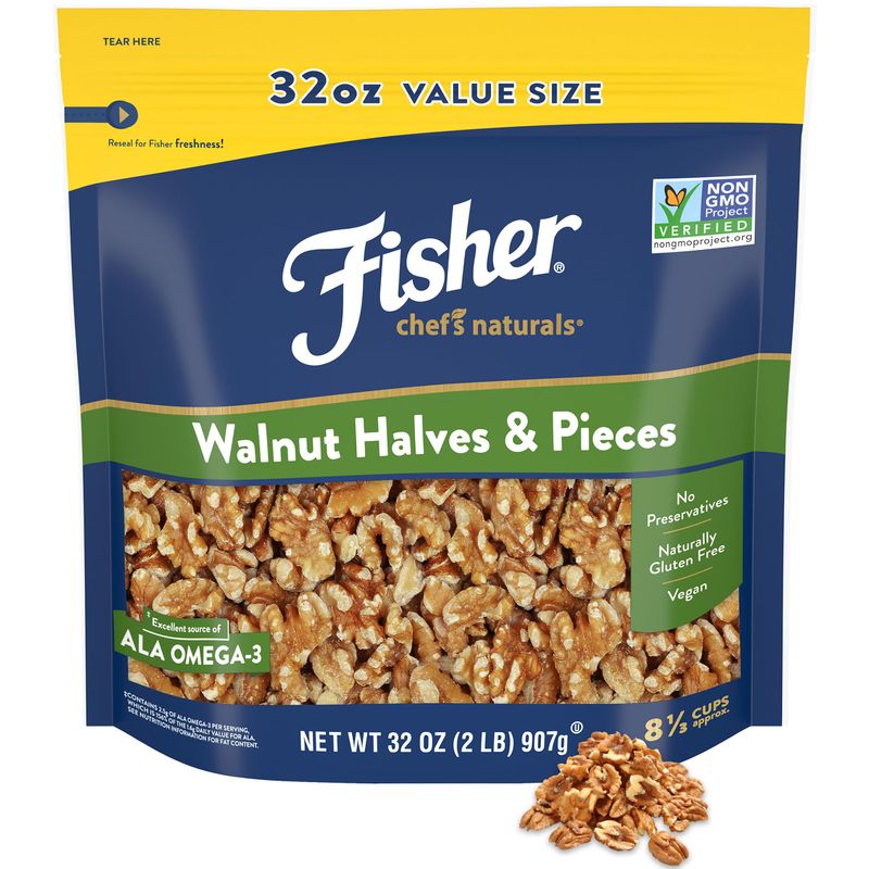 Fisher Chef&#39;s Naturals Walnut Halves &amp; Pieces 32 oz, 100% California Unsalted Walnuts for Baking &amp; Cooking, Topping, Resealable Bag, Great with Yogurt &amp; Cereal, Vegan Protein, Keto Walnut Snack 1 Pack
