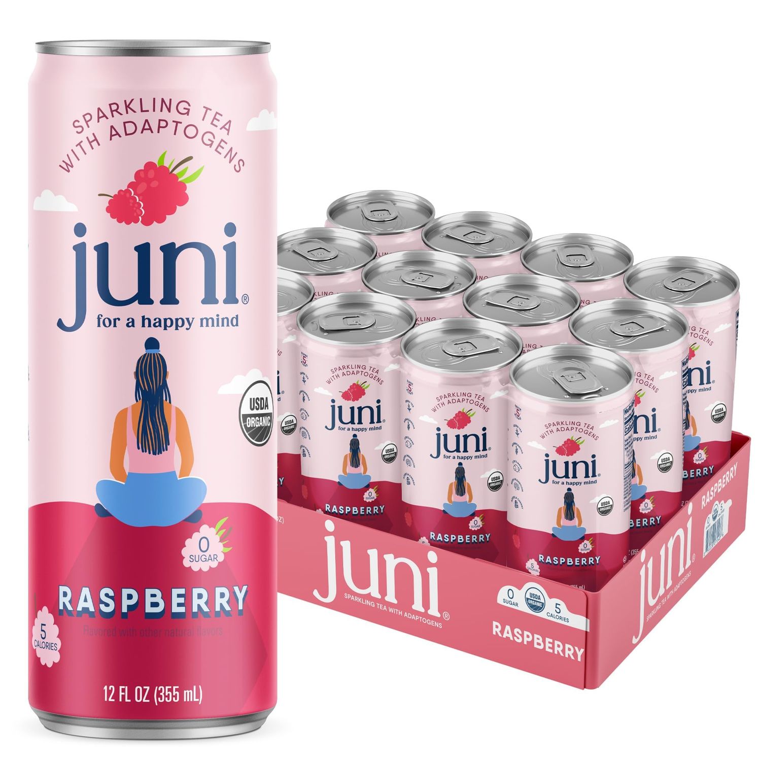 Juni Sparkling Tea with Adaptogens, Raspberry Tea, Zero Sugar, 5 Calories, Organic, Iced Tea, Natural Caffeine from Green Tea, Vegan, Adaptogen Drink, 12 Fl Oz Cans (12-Pack)