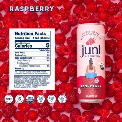 Juni Sparkling Tea with Adaptogens, Raspberry Tea, Zero Sugar, 5 Calories, Organic, Iced Tea, Natural Caffeine from Green Tea, Vegan, Adaptogen Drink, 12 Fl Oz Cans (12-Pack)