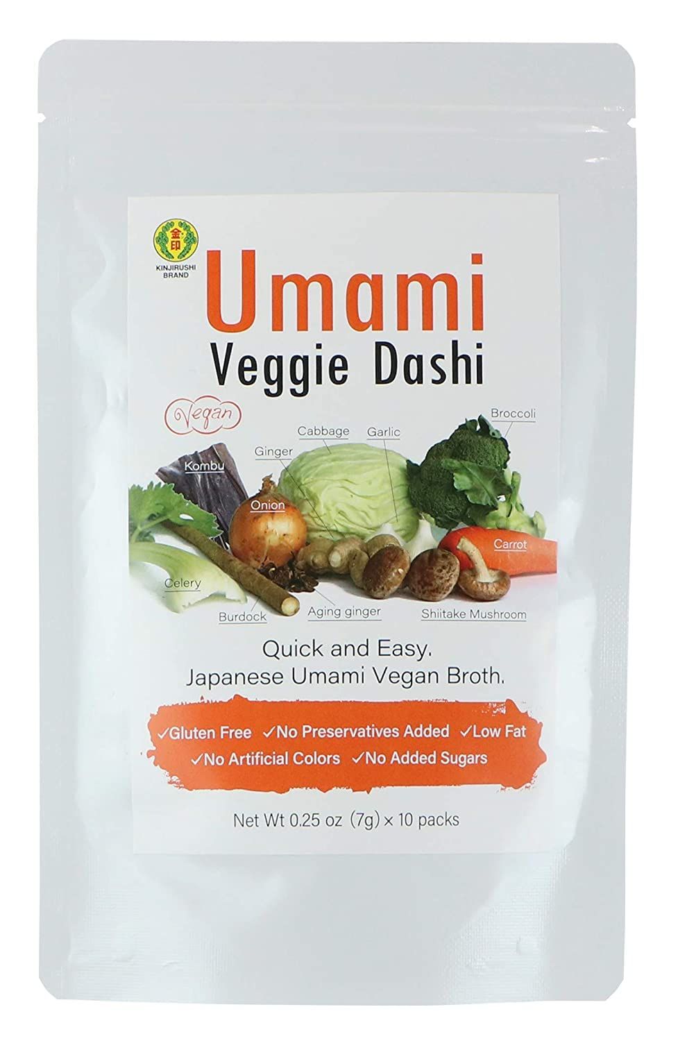 Kinjirushi Umami Veggie Dashi Soup Stock 2.47oz, (7gÃƒâ€”10pcs) Vegan, Gluten Free, Savory, Shiitake, Ginger, Japanese, Miso Soup, Powder, Ramen, Ramen Noodles, Keto, Miso