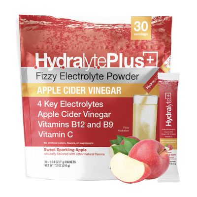 Hydralyte ACV + Electrolytes - Hydration Packets with Apple Cider Vinegar, Vitamin C and Vitamin B12 &amp; B9 - Low Sugar Sweet Sparkling Apple Electrolyte Powder Sticks for Daily Wellness (30 Count)