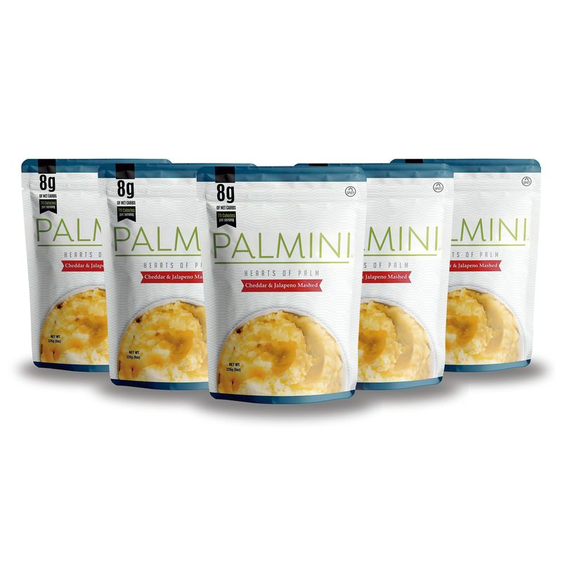 NEW!! Palmini Cheddar &amp; Jalapeno Mashed |Low Carb, Low Calorie Hearts of Palm Mashed| 8g of Net Carbs, 70 Calories Per Serving | As Seen on Shark Tank | Ready-to-Eat | (8 Ounces Pouch (Pack of 6)