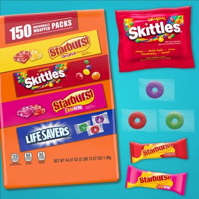 SKITTLES, STARBURST Original &amp; FaveRed, LIFE SAVERS Individually Wrapped Bulk Fun Size Chewy &amp; Hard Candy Assortment, 44.07 oz Bag