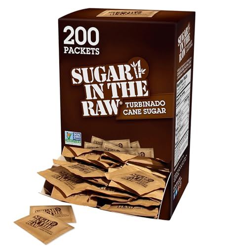 Sugar In The Raw Granulated Turbinado Cane Sugar On The Go Packet, Pure Natural Sweetener, Hot &amp; Cold Drinks, Coffee, Cooking, Baking, Vegan, Gluten-Free, Non-GMO, 200 Count Packets (1-Pack)