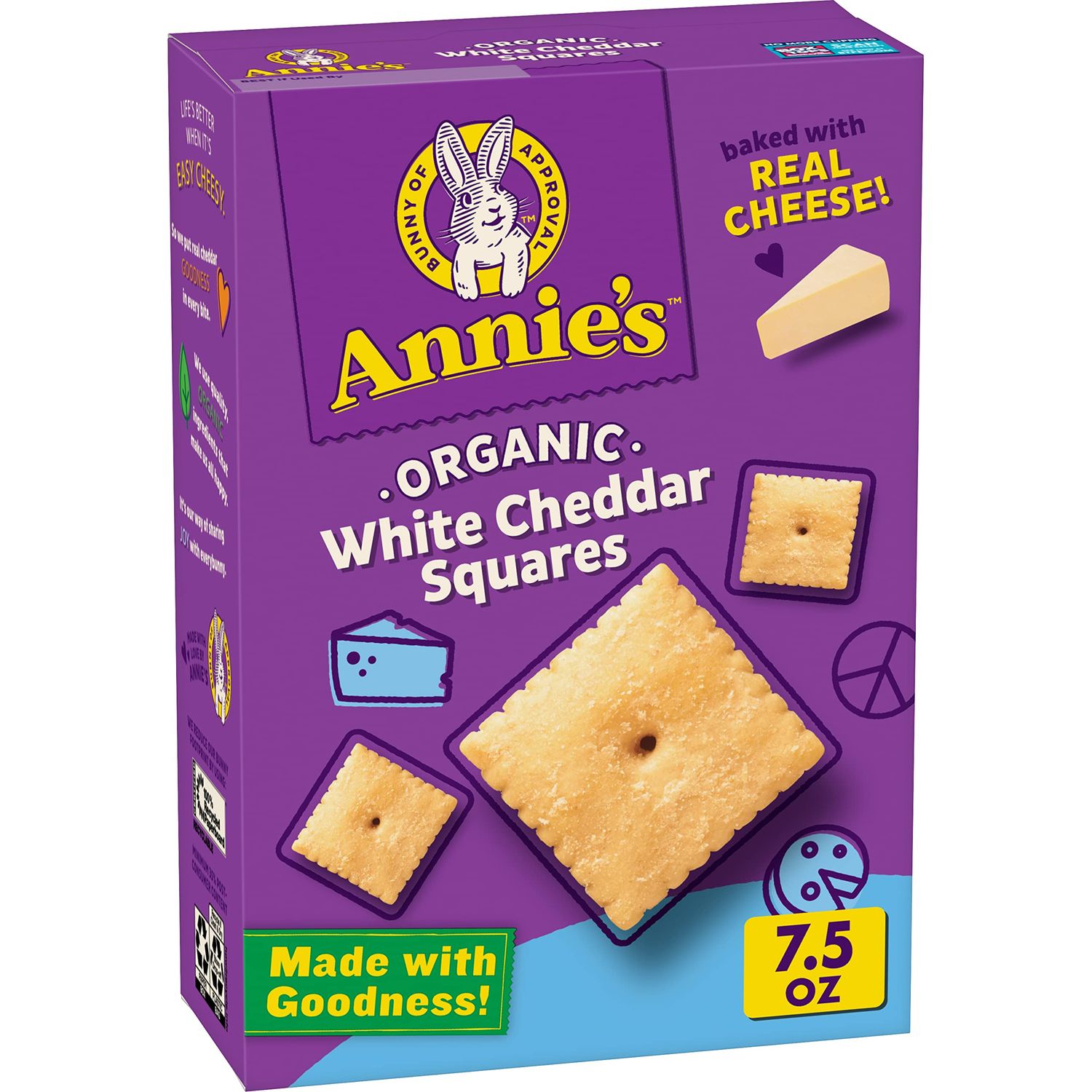 Annie&#39;s Organic White Cheddar Squares Baked Snack Crackers, Made with Real Cheese, 7.5 oz