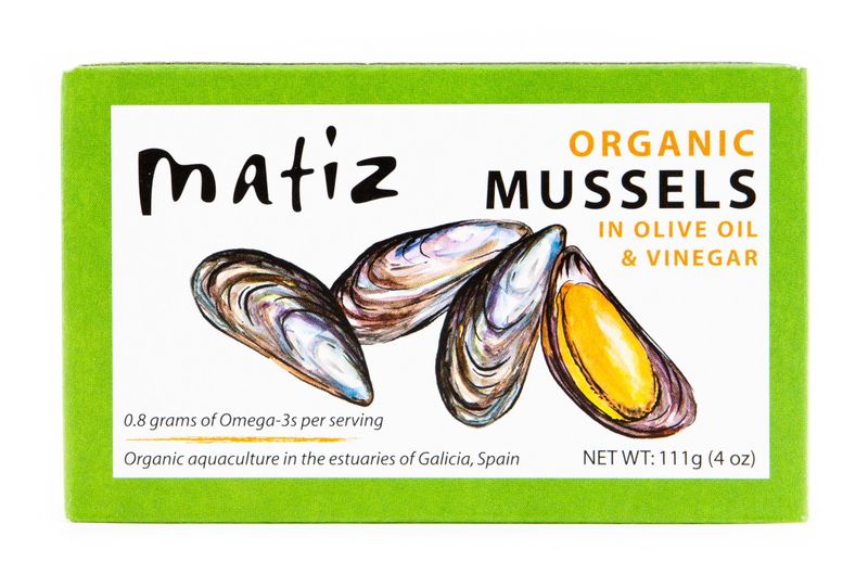 Matiz Espana Organic Mussels in Extra Virgin Olive Oil and Apple Cider Vinegar | 4 oz. - 12 Pack | From the Coast of Galicia, Spain |