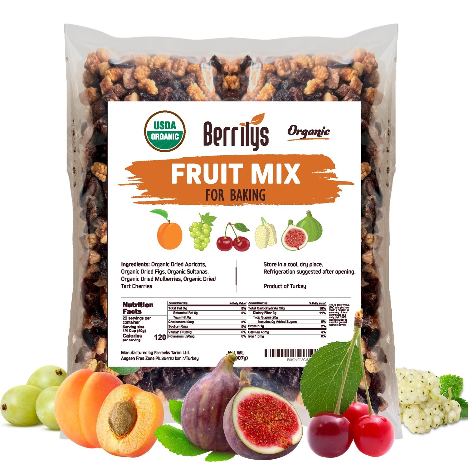Berrilys Dried Fruit Mix, 2 Lbs, Organic, Diced Figs, Diced Apricots, White Mulberries, Sultanas, Sour Cherries, No Sugar Added, Trail Mix for Baking and Snacking