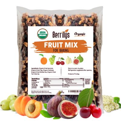 Berrilys Dried Fruit Mix, 2 Lbs, Organic, Diced Figs, Diced Apricots, White Mulberries, Sultanas, Sour Cherries, No Sugar Added, Trail Mix for Baking and Snacking