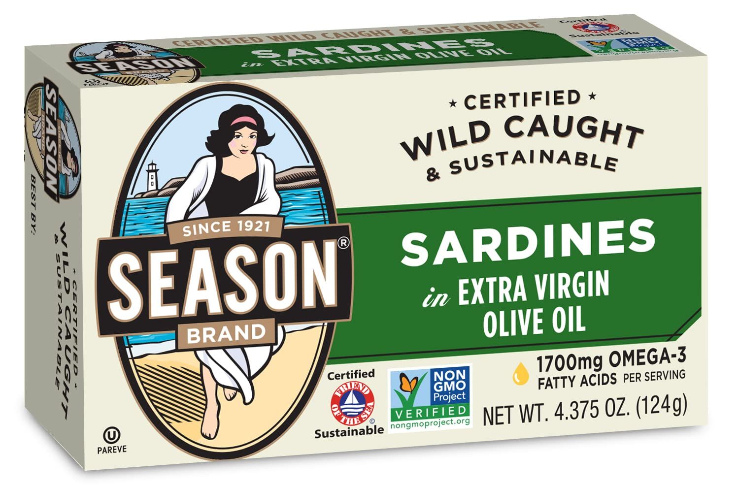 Season Sardines in Extra Virgin Olive Oil - Wild Caught, Canned Sardines, 22g of Protein, Kosher, More Omega 3&#39;s Than Tuna - 4.37 Oz Tins, Pack of 12