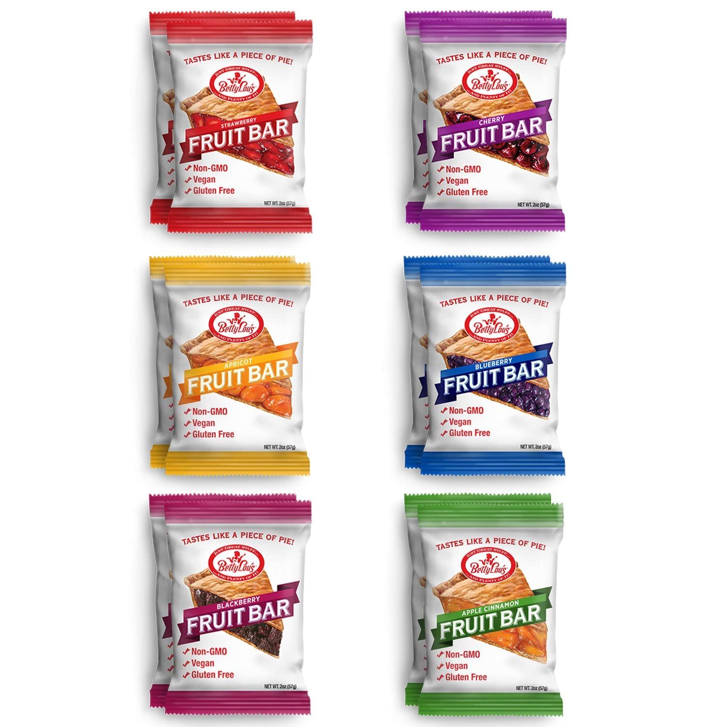 Betty Lou&#39;s Fruit Bars | Variety Pack of 12 | Gluten Free, Vegan, Non GMO | Deliciously Healthy Snacks Made with All Natural Fruit &amp; Fruit Juice | Individually Wrapped, 2 oz. Each