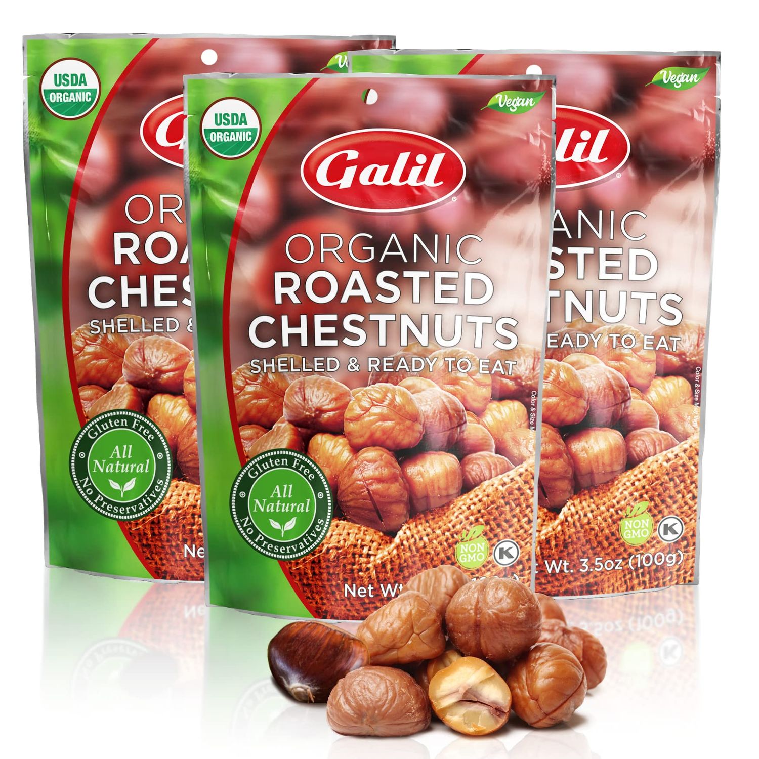 Galil Organic Roasted Chestnuts | Shelled | Ready to Eat Snack | Gluten Free, All Natural, 100% Vegan, No Preservatives | Great for Snacking, Baking, Cooking &amp; Turkey Stuffing | 3.5oz Bags (Pack of 3)