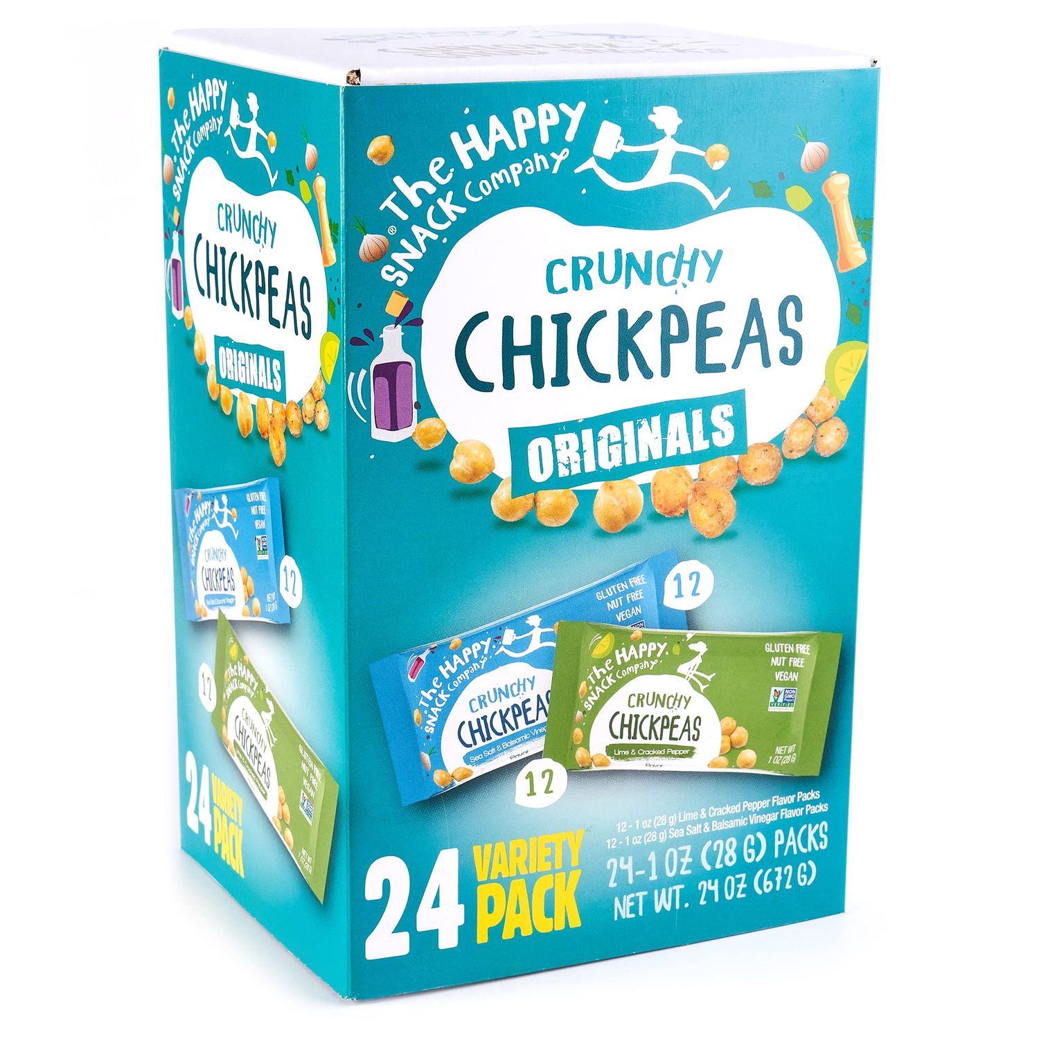The Happy Snack Company Crunchy Chickpeas Variety Pack 24 x 1 oz  Sea Salt  Balsamic Vinegar Flavor and Lime  Cracked Pepper Flavor 5g Protein  120 Cals Gluten Nut  Dairy Free NonGMO and Vegan