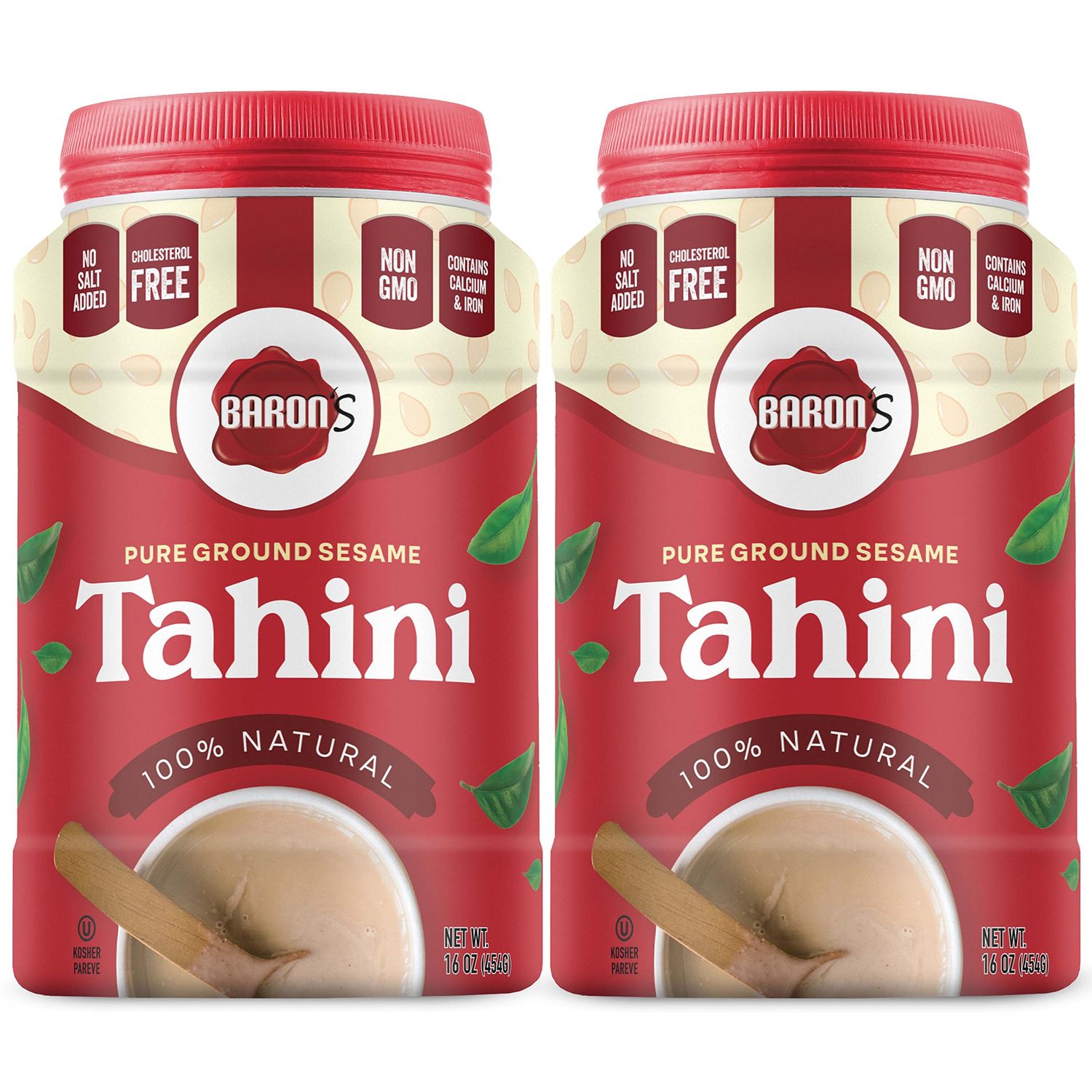 Baron&#39;s Pure Tahini Sesame Paste | Rich Creamy Spread for Hummus, Dips, Sauces | 2 x 16 oz Jars | Kosher, Vegan, Keto friendly, Non-GMO, Gluten-Free, No Peanuts | All-natural Ground Seeds Tahina