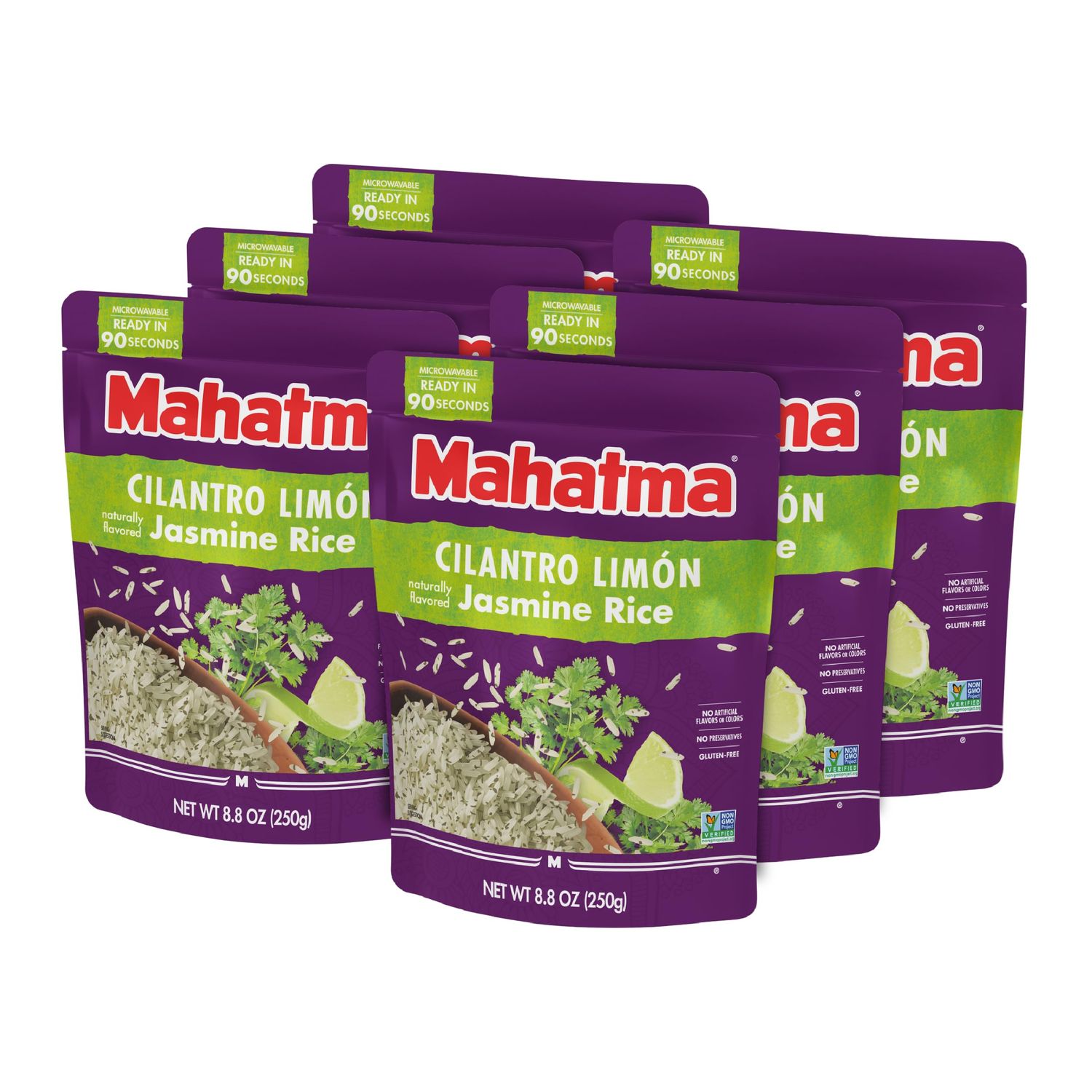 Mahatma Ready to Heat Cilantro Limn-Flavored Jasmine Rice, Precooked Rice, Microwaveable in 90 Seconds, 8.8 Ounces, Pack of 6