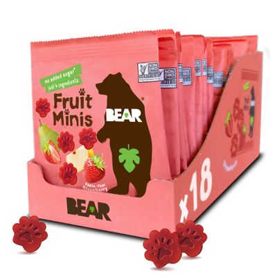 BEAR Real Fruit Snack Minis, Strawberry - (Pack of 18) - Bite Sized Snacks for Kids, Gluten Free, Vegan, Non GMO, 0.7 Oz