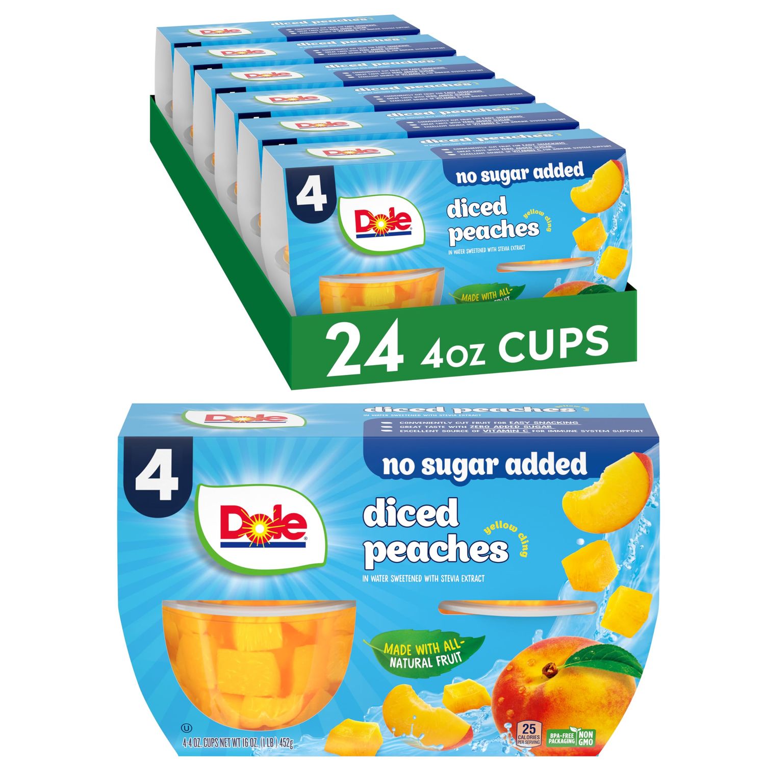 Dole Fruit Bowls No Sugar Added Snacks, Diced Peaches 4oz 24 Cups, Gluten &amp; Dairy Free, Bulk Lunch Snacks for Kids &amp; Adults