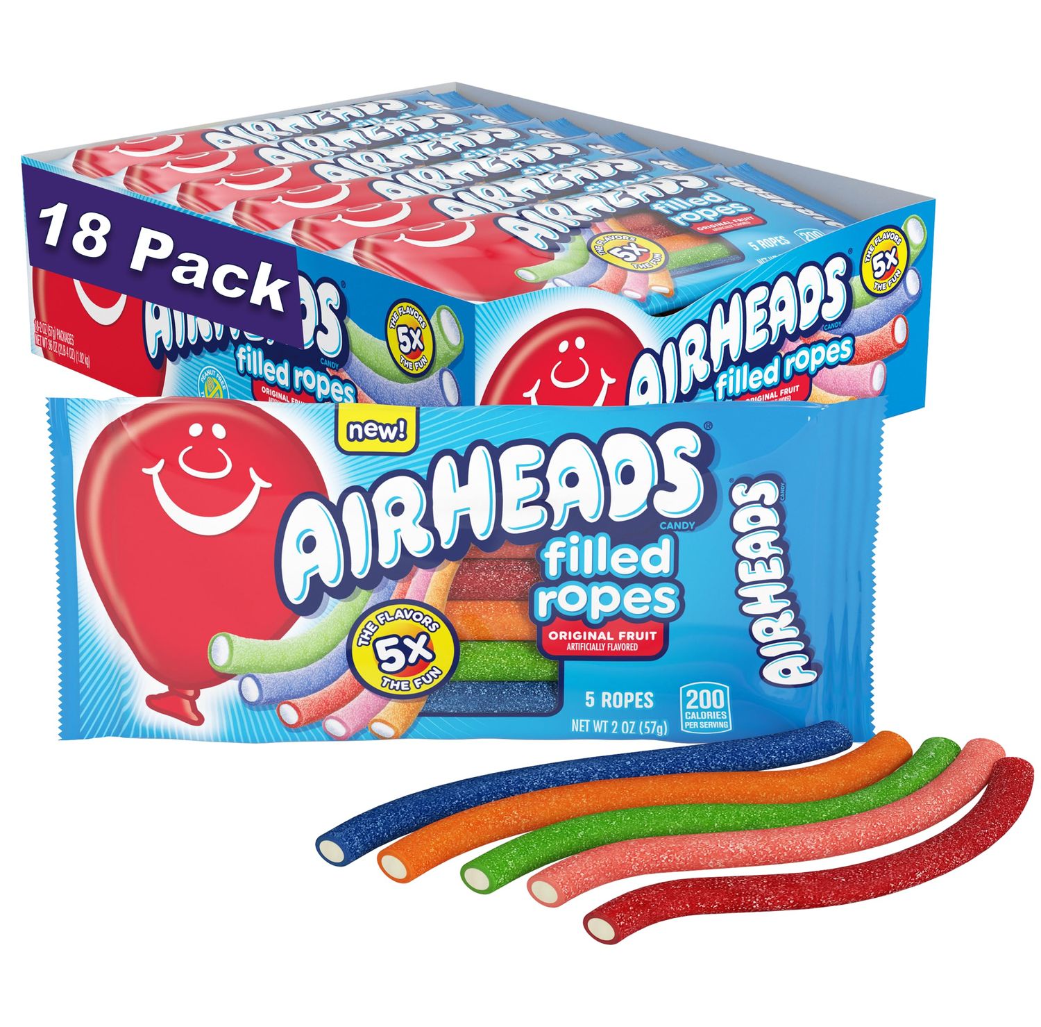 Airheads Soft Filled Ropes, Soft and Chewy Candy Ropes, Original Fruit Flavors, Concessions Movie Theater Parties, 2oz Packs, Box of 18