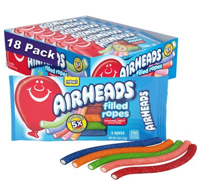 Airheads Soft Filled Ropes, Soft and Chewy Candy Ropes, Original Fruit Flavors, Concessions Movie Theater Parties, 2oz Packs, Box of 18