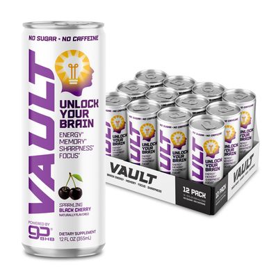 VAULT Caffeine Free Brain Energy Drink - Nootropic for Mental Focus Sharpness Memory and Reaction Time - No Crash or Jitters - Sugar Free - 12 Fl Oz (Pack of 12) - Tart Cherry Flavor
