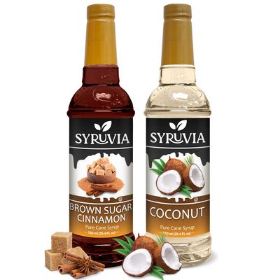 Syruvia Coffee Syrup Variety Pack - Brown Sugar Cinnamon &amp; Coconut- Gluten-Free, Kosher, 25.4 fl oz Bottles - Enhance Your Coffee Experience with Premium Flavoring Syrups