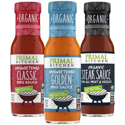 Primal Kitchen Organic BBQ Sauce &amp; Steak Sauce 3-Pack, Made with Real Ingredients, No Cane Sugar or Corn Syrup, Includes Classic BBQ, Golden BBQ, and Steak Sauce