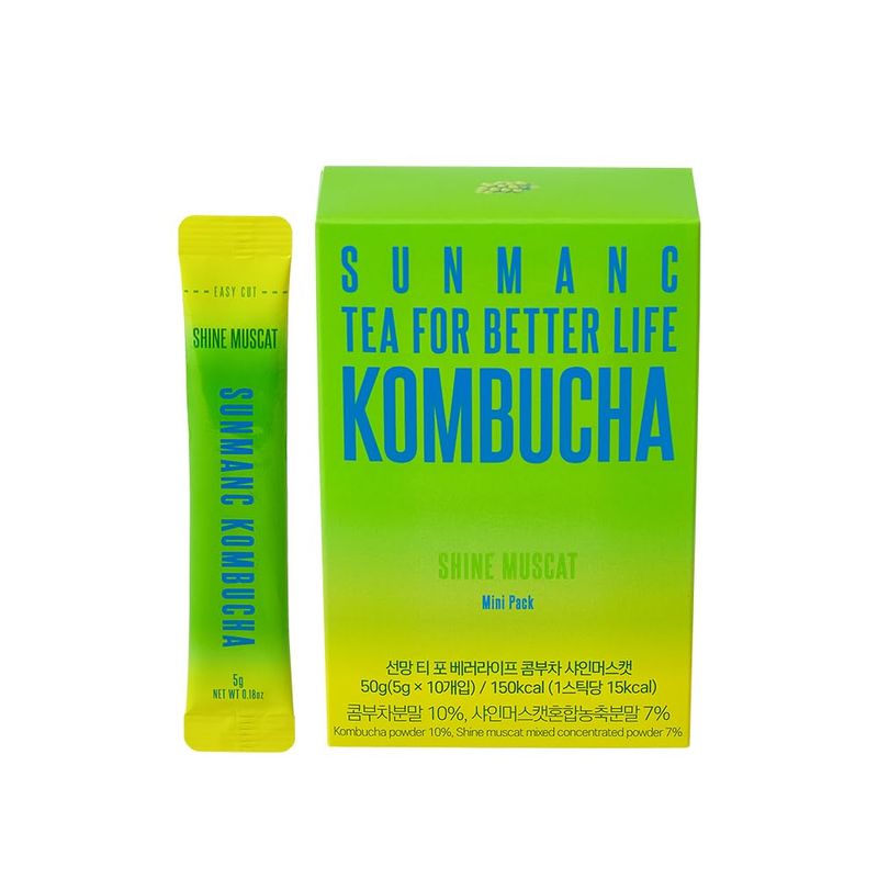SUNMANC Kombucha 10 packets, Sparkling Probiotic Fermented Drink, Convenient Powdered Drink Mix, Tea Powder, Low Calories, Sugar 0g, Low Caffeine (Shine Muscat)