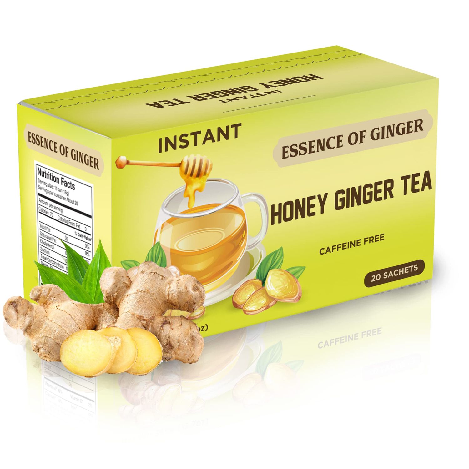 Natural Honey Ginger Crystals 20 Packets Instant Herbal Tea Bags Made With Real Pure Honey and Fresh Ginger Root Caffeine Free