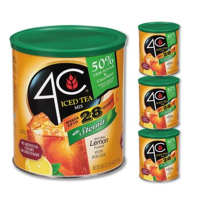 4C Reduced Sugar Powdered Drink Mix Canisters, Iced Tea, 28 Quarts, Family Sized Canister, Thirst Quenching &amp; Refreshing Flavors (Lemon Iced Tea, 36.9 Ounce (Pack of 3))