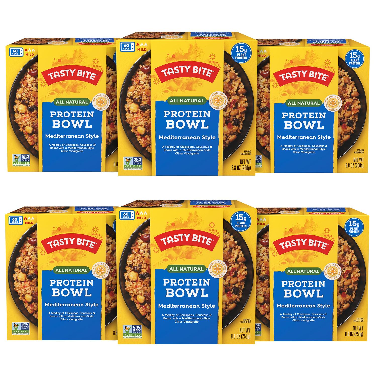 TASTY BITE Mediterranean Protein Bowl, 8.8 Ounce, Pack of 6, Ready to Eat, Microwaveable, Vegan, 14 Grams Plant Protein