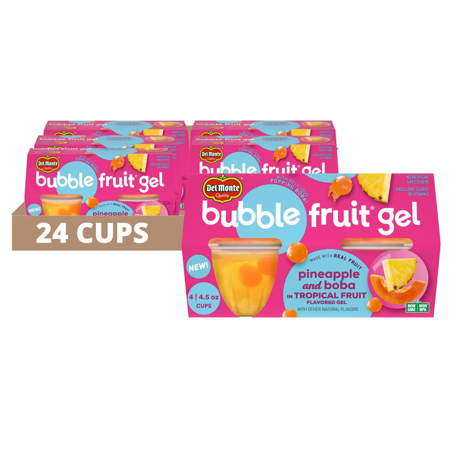 Del Monte Bubble Fruit Gel Pineapple and Boba in Tropical Fruit Flavored Gel, 4.5oz (24 Count) | Real Fruit &amp; Popping Boba Pearls, Lunch Snacks, Fruit Cups