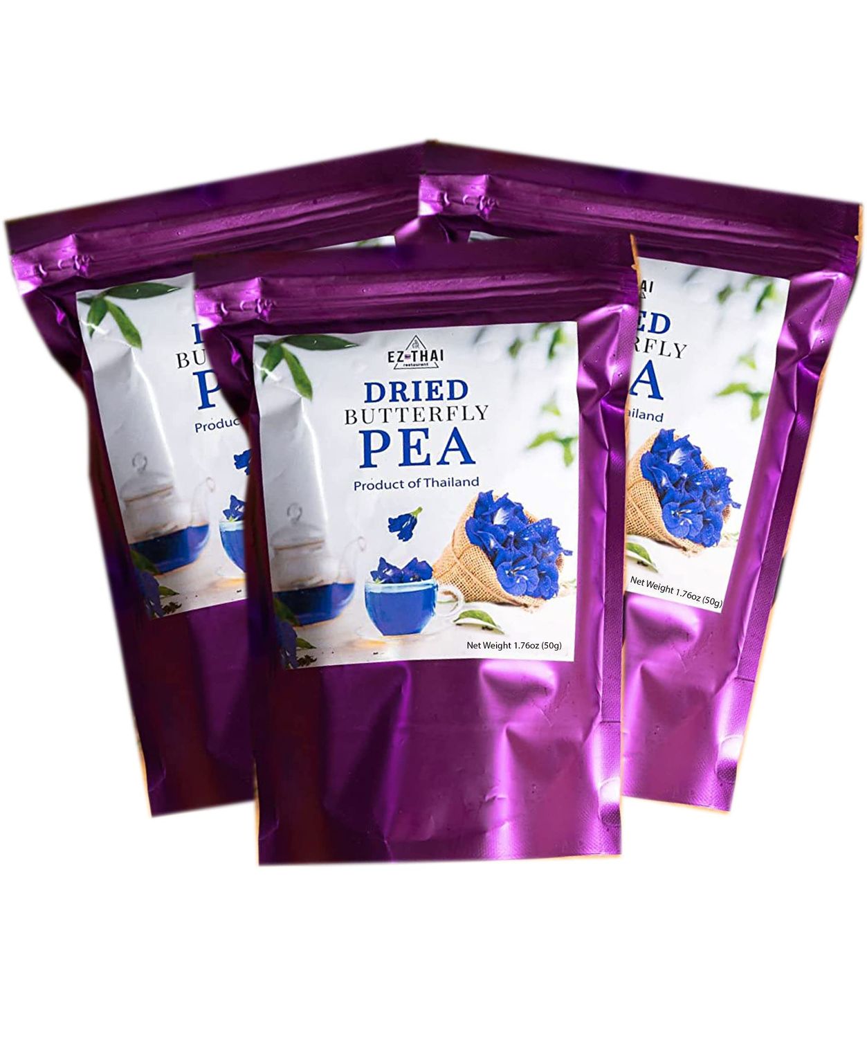 Pure Dried Butterfly Pea Flower Tea Herbal Dried Blue Clitoria Ternatea for Hot Tea Mix, Iced Teas, Smoothie, Coolers, Cocktails Mixer, Cookies (50grams x 3packs)