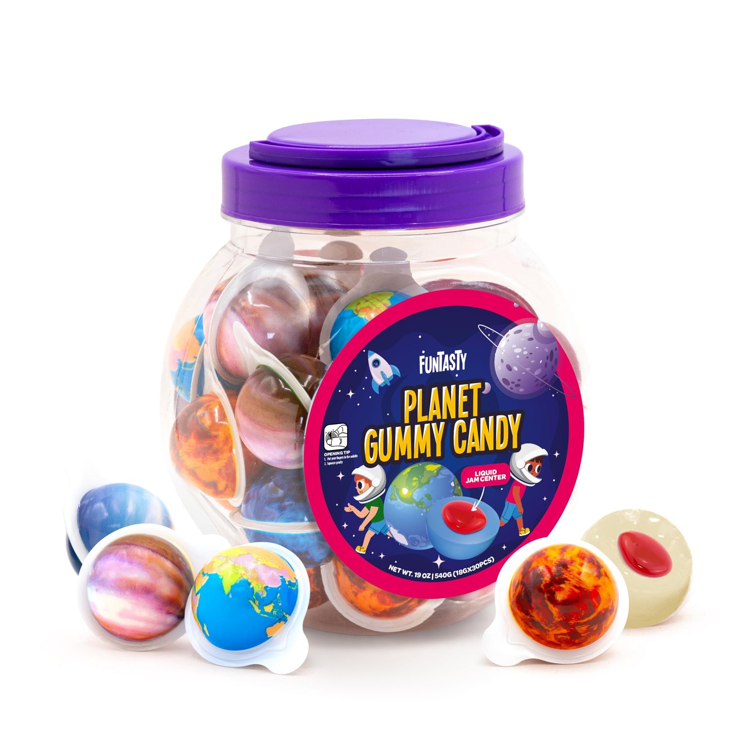 Funtasty Galaxy Mix Gummy Balls with Jam Center, Bubblegum Flavor, 19-Ounce Jar (30 Count) - Party Favors